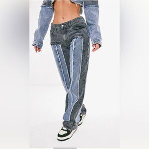 WASHED GREY DOUBLE LAYERED DENIM STRAIGHT LEG JEANS
